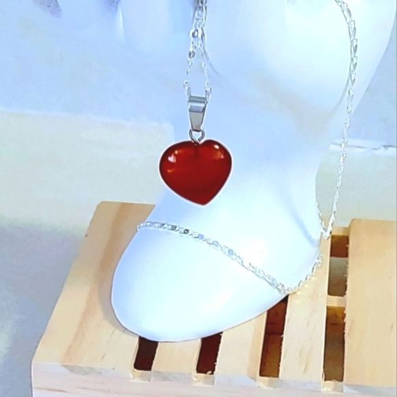 Natural carnelian stone HEART PENDANT SILVER PLATED CHAIN NECKLACE - Picture 2 of 8